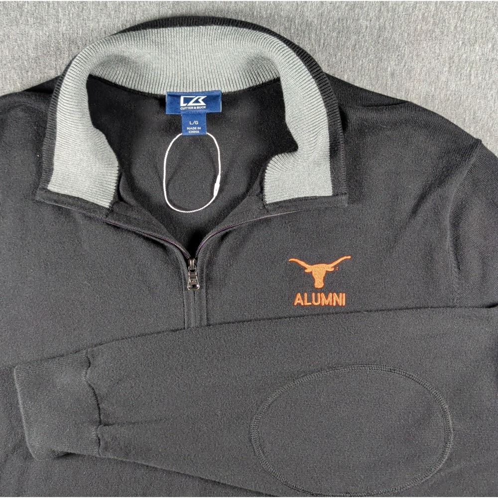 Cutter Buck UT Alumni 1/4 Zip Pullover Black Sz L Texas Longhorns Elbow Patches